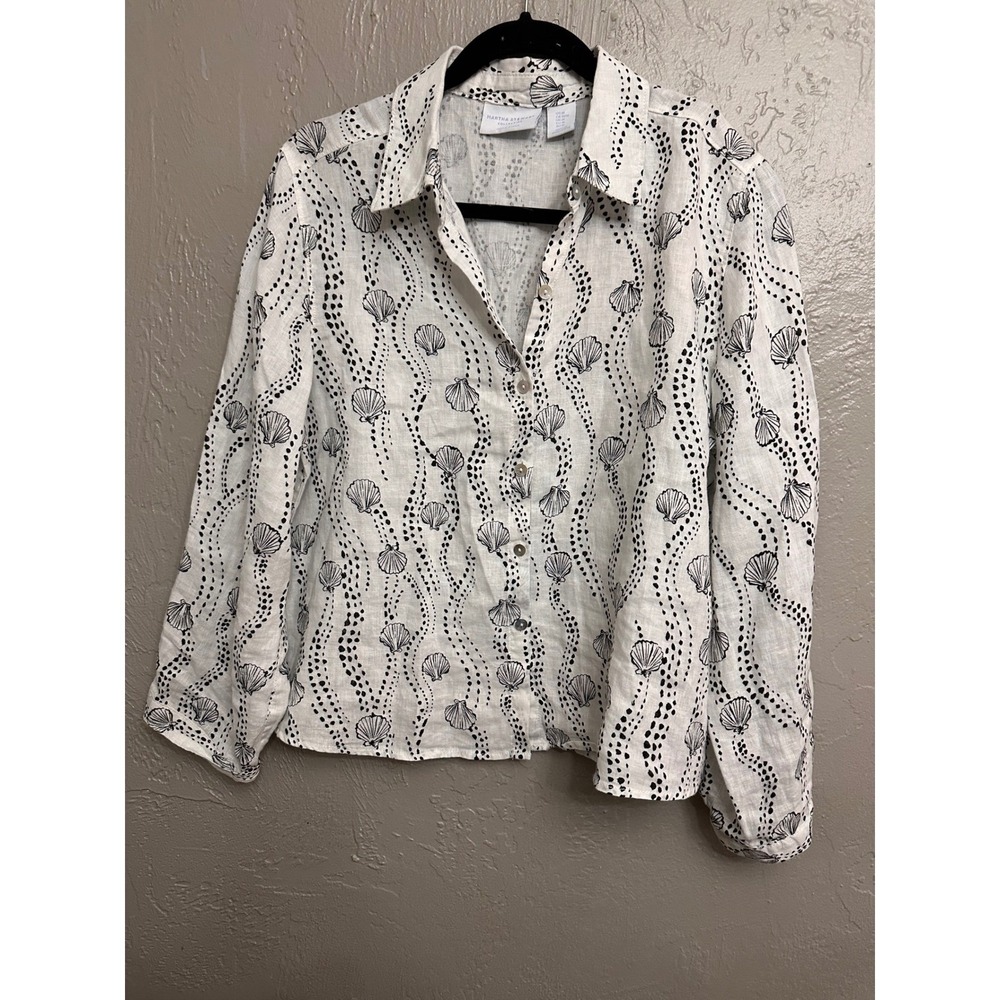 Martha Stewart 100% Linen Button Down Sz Med Coastal Beachy Vacation Seashells